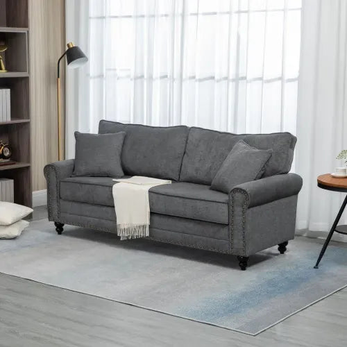 Grey 2-Seater Sofa with Nailhead Trim & Pillows