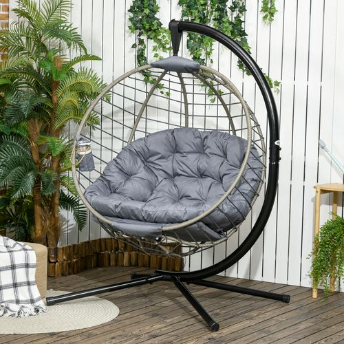 Grey PE Rattan Hanging Swing Chair with Stand & Cup Holder