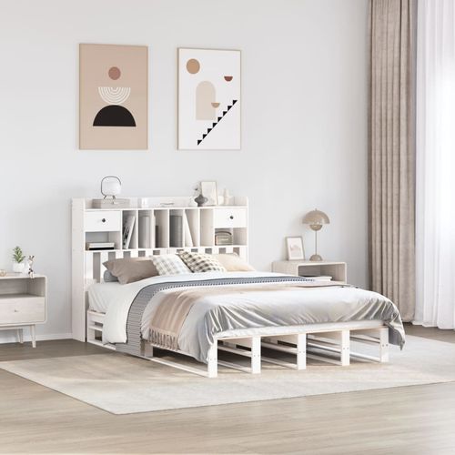 King Size Bookcase Bed - Stylish White Solid Pinewood Frame