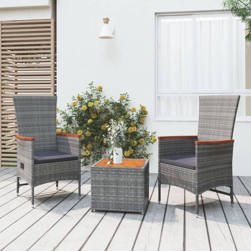 3-Piece Grey Rattan Garden Lounge Set with Acacia Wood Accent