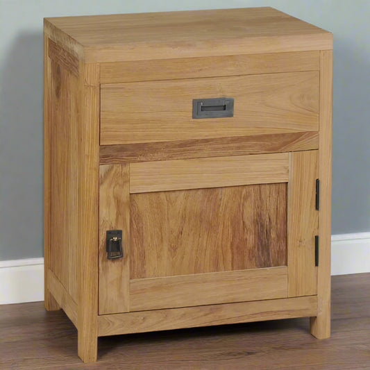 Rustic Solid Teak Bedside Cabinet with Drawer & Cupboard