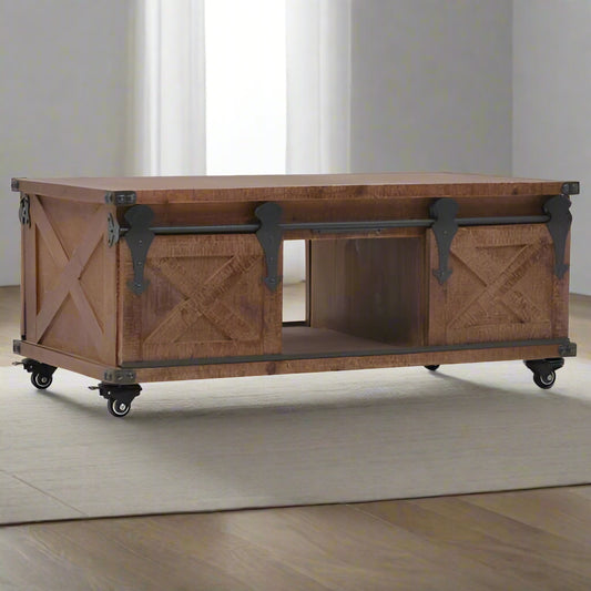 Rustic Solid Fir Wood Coffee Table with Wheels & Storage