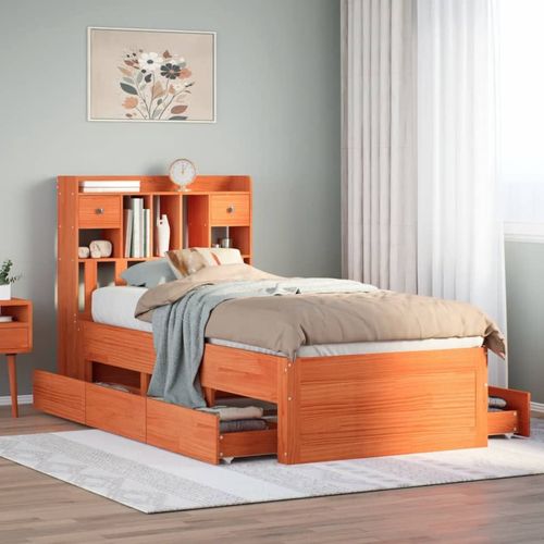 Wax Brown Bookcase Bed Frame – Space-Saving Solid Pinewood Design