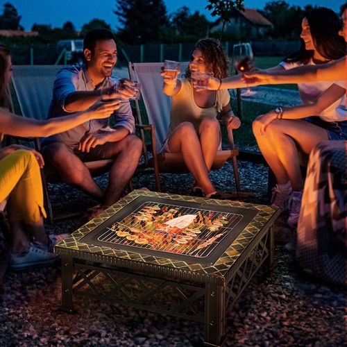 Square Garden Fire Pit Table – BBQ, Poker & Mesh Cover Included!