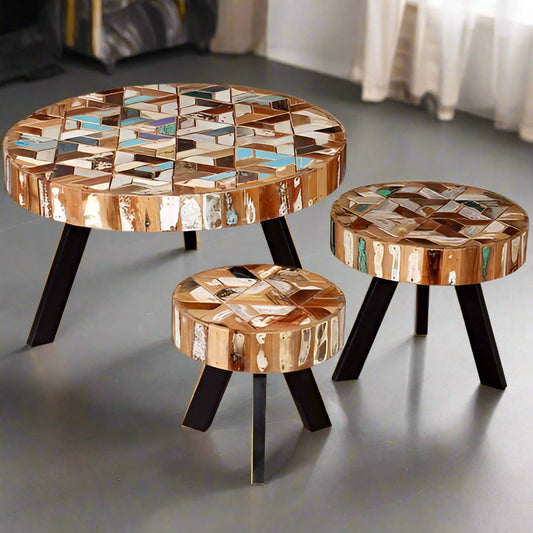 Rustic Multicolour Reclaimed Wood 3-Piece Coffee Table Set