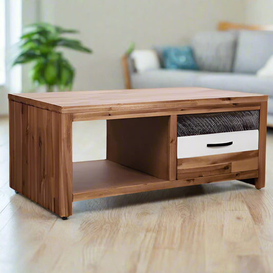 Solid Acacia Wood Coffee Table with Drawer & Shelf