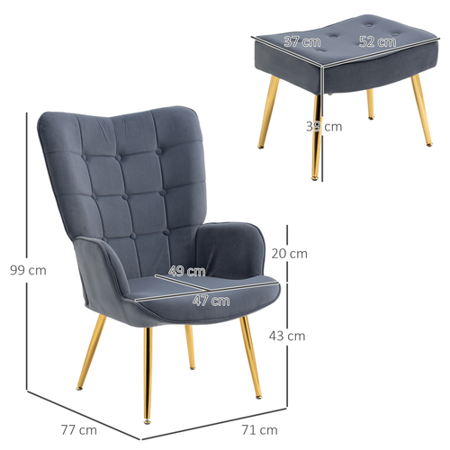 Velvet Armchair & Footstool Set with Gold Steel Legs - Dark Grey Comfort